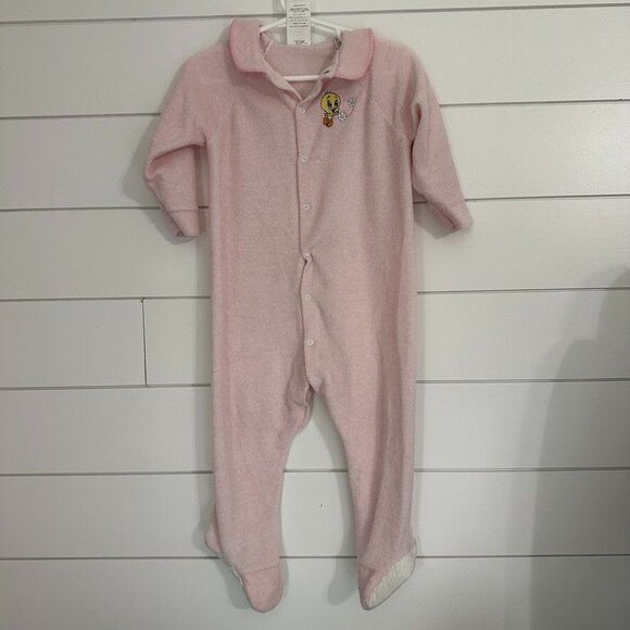 Vintage Baby Looney Tunes Embroidered Tweety Bird Footed Pajamas Pink 24 Months - Picture 1 of 6